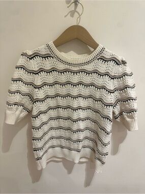 Marled Cream Knit Top with Brown and Black Stripe Accents Medium